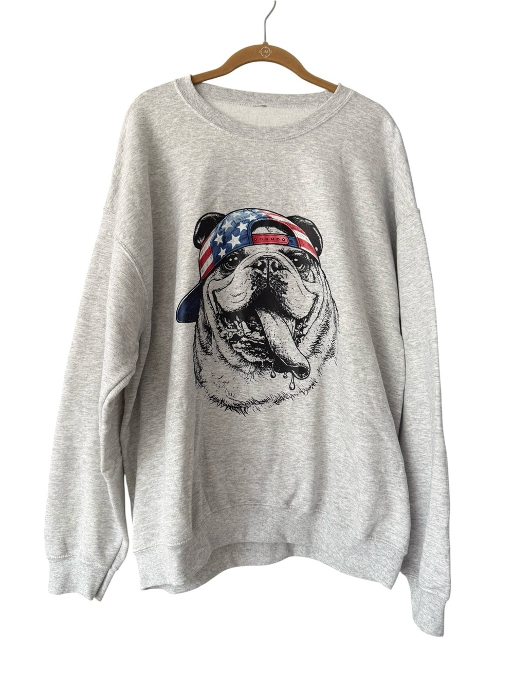 Patriotic Bulldog Graphic Sweatshirt Gray Crewneck Oversized Americana Size XL
